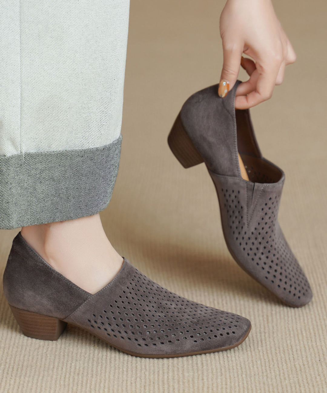 Grey Hollow Out Chunky Shoes Suede Boutique Splicing