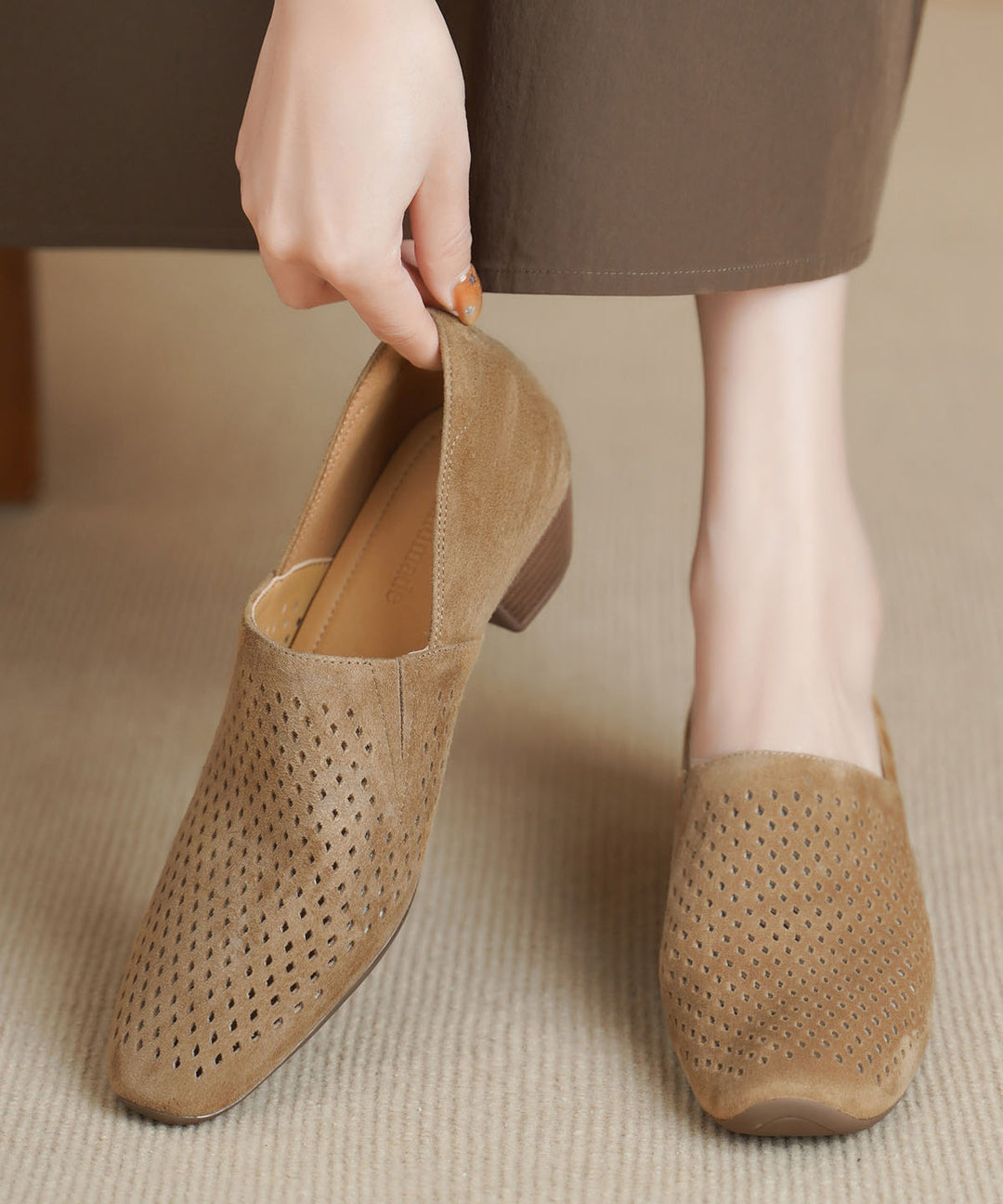 Grey Hollow Out Chunky Shoes Suede Boutique Splicing