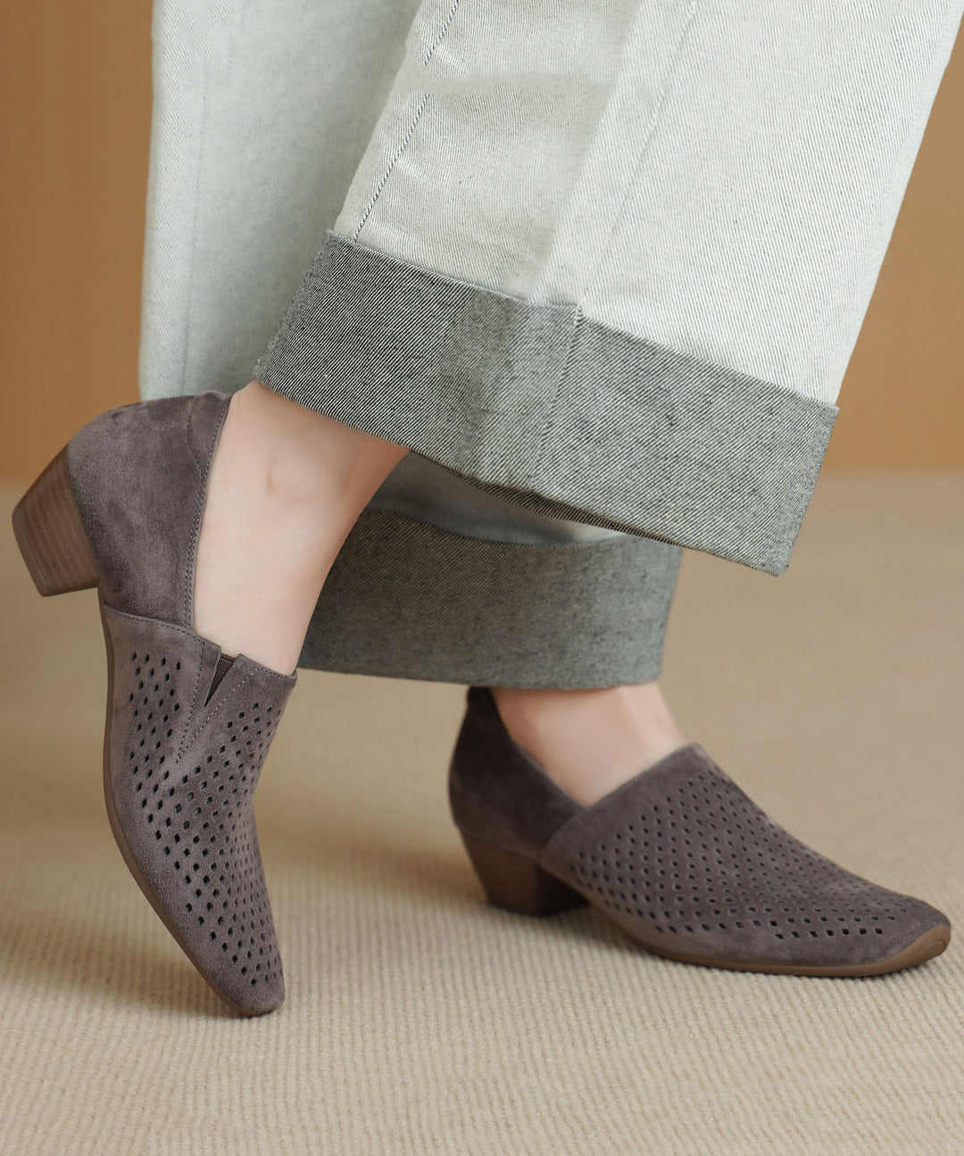 Grey Hollow Out Chunky Shoes Suede Boutique Splicing