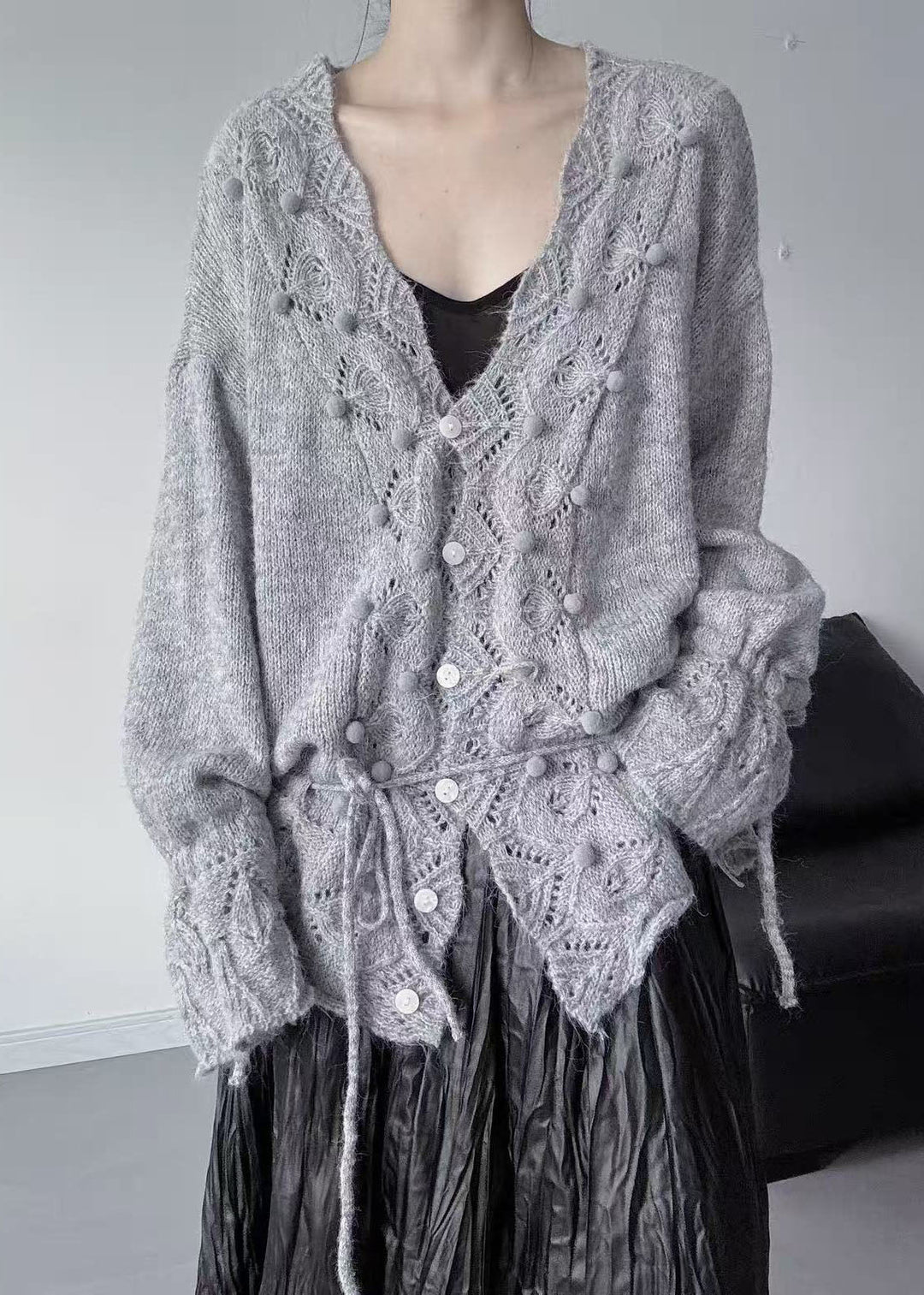 Grey Hollow Out Knit Cardigan Fuzzy Ball Decorated Fall