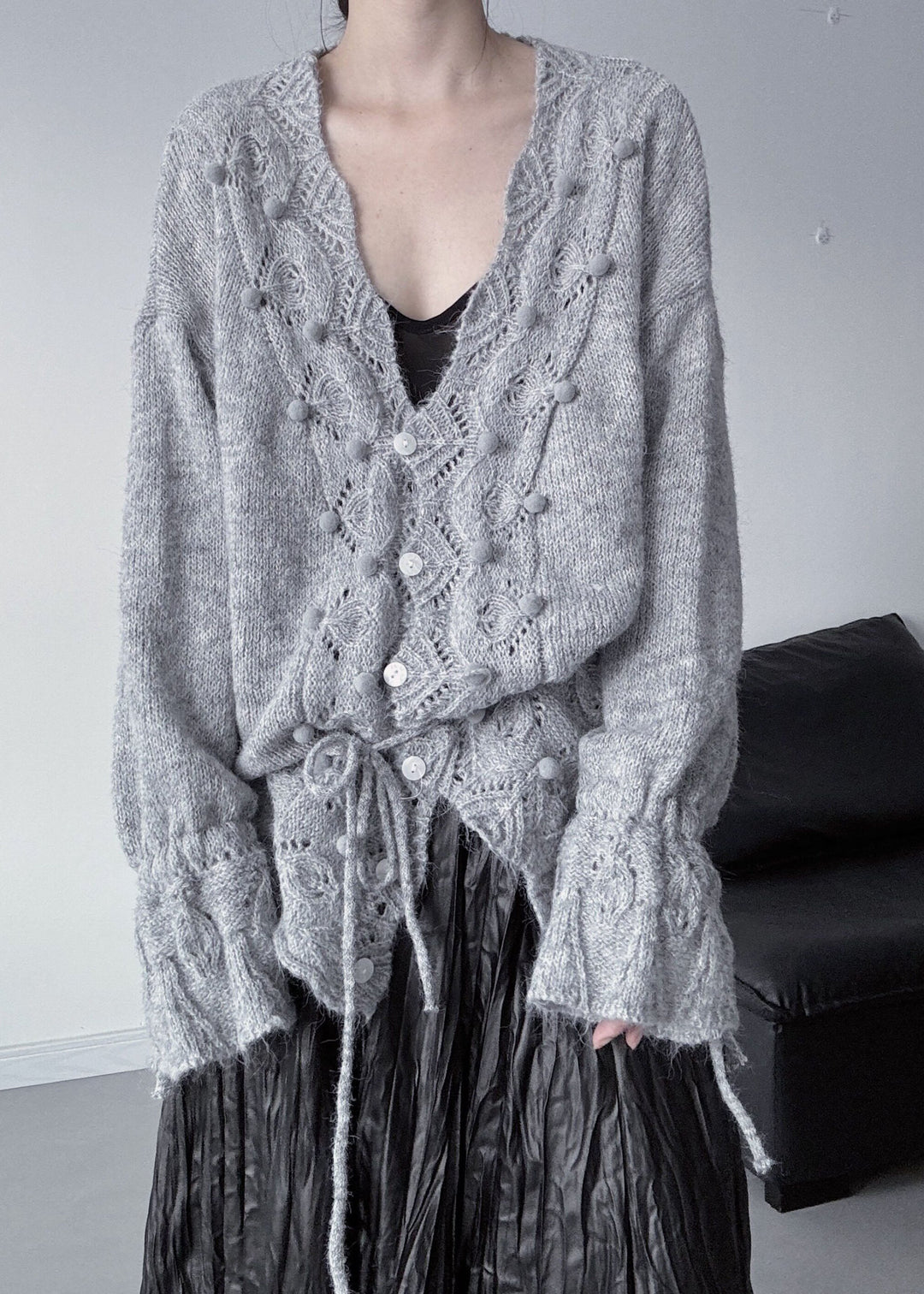 Grey Hollow Out Knit Cardigan Fuzzy Ball Decorated Fall