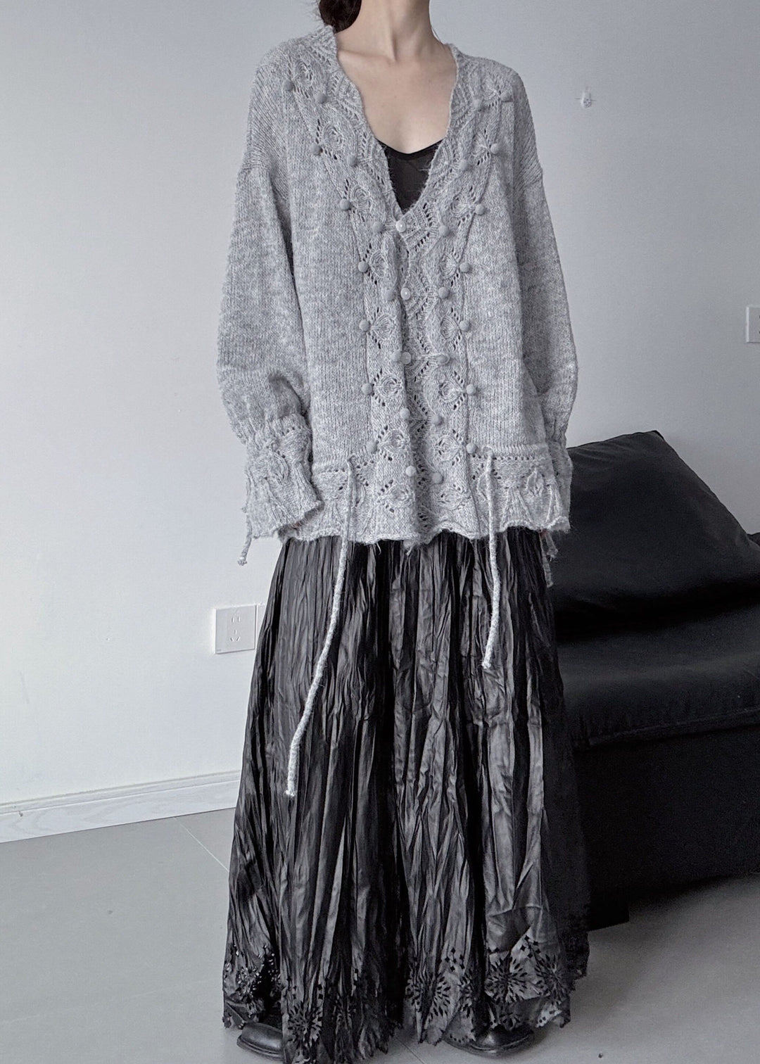 Grey Hollow Out Knit Cardigan Fuzzy Ball Decorated Fall
