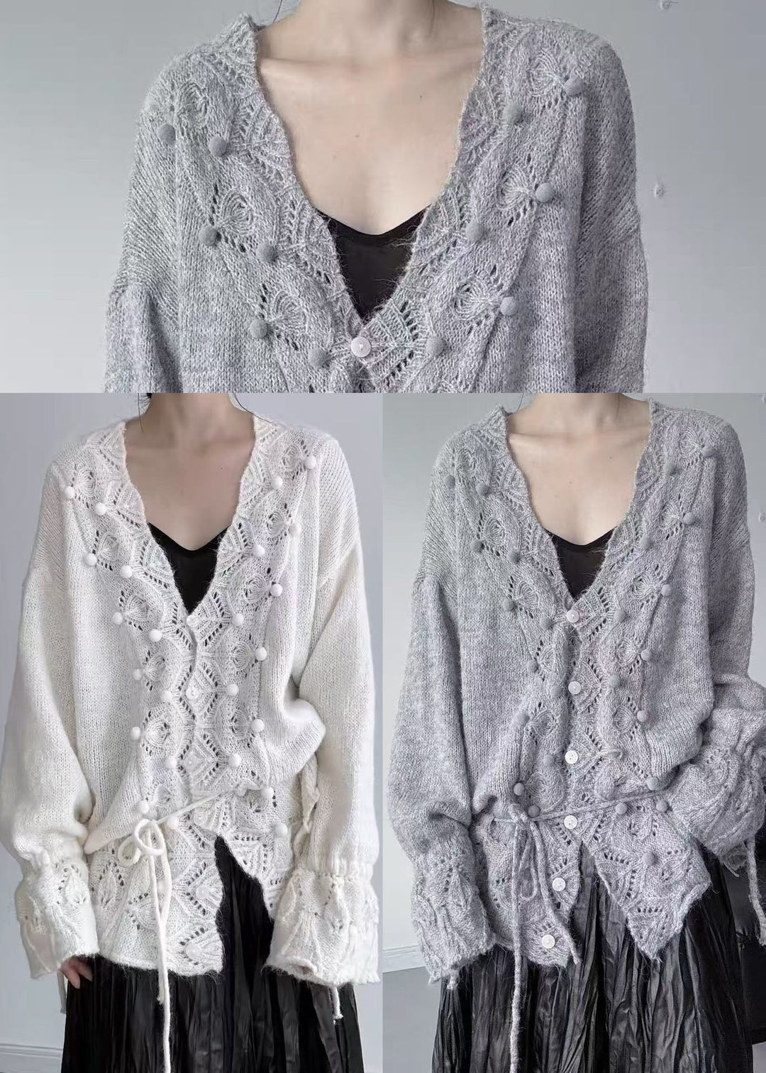 Grey Hollow Out Knit Cardigan Fuzzy Ball Decorated Fall
