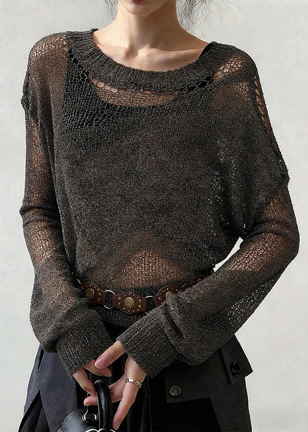 Grey Hollow Out Thin Knit Sweater O-Neck Spring