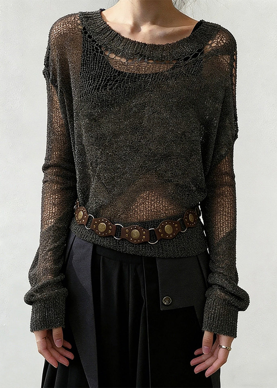 Grey Hollow Out Thin Knit Sweater O-Neck Spring