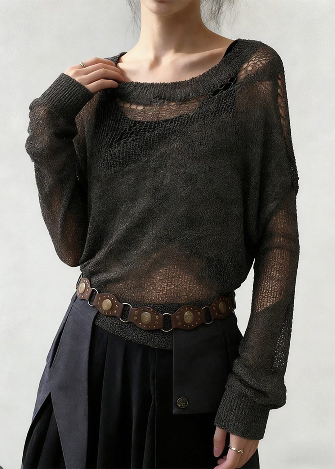Grey Hollow Out Thin Knit Sweater O-Neck Spring