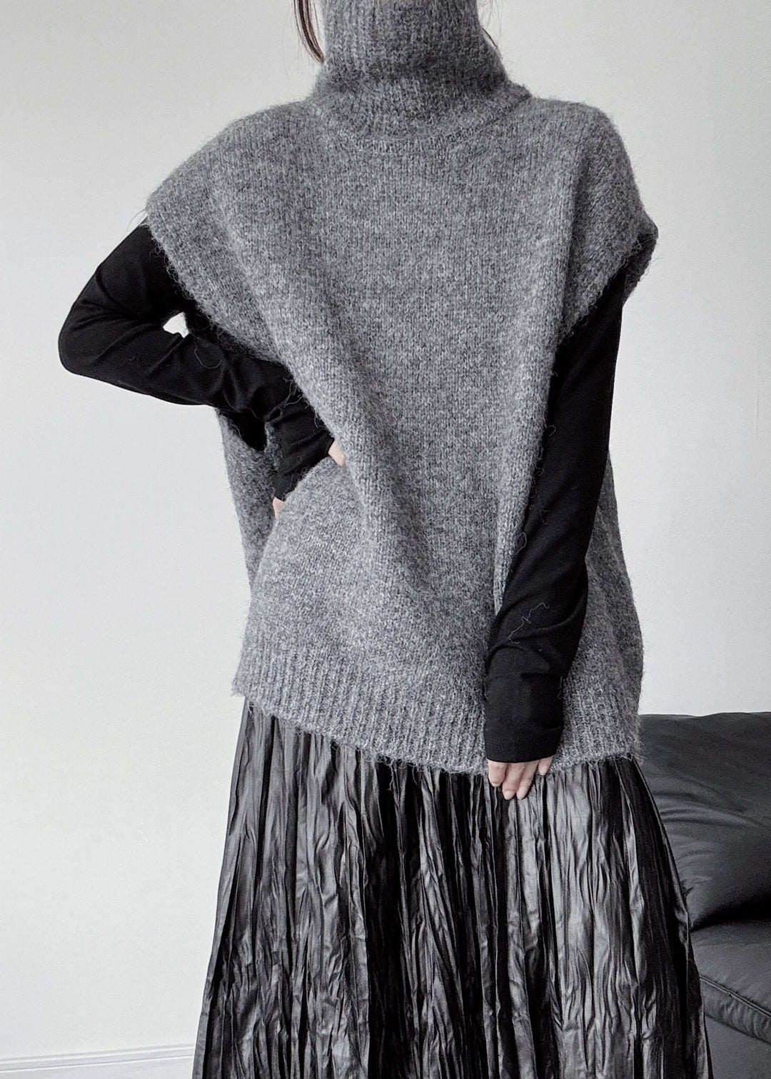 Grey Knit Pullover Oversized High Collar Sleeveless