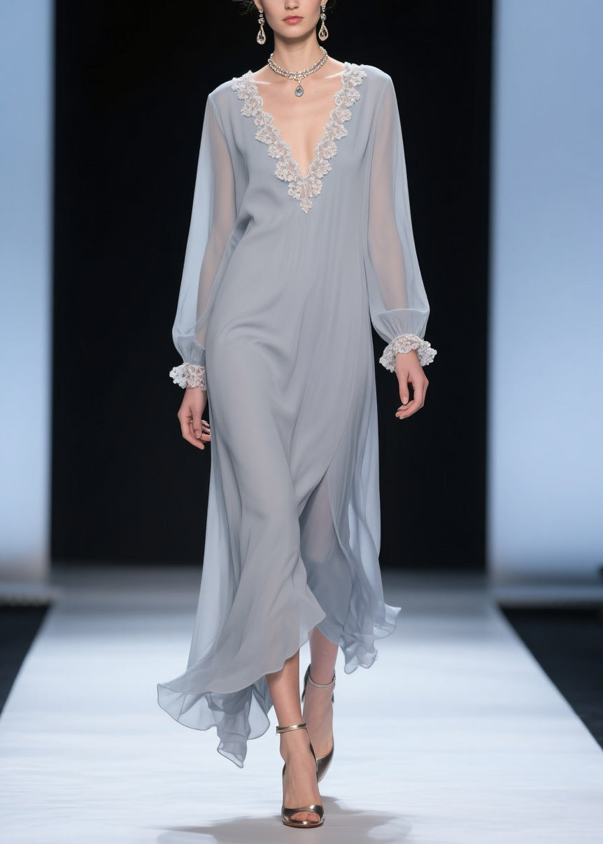 Grey Lace Solid Chiffon Long Dress V Neck Butterfly Sleeve