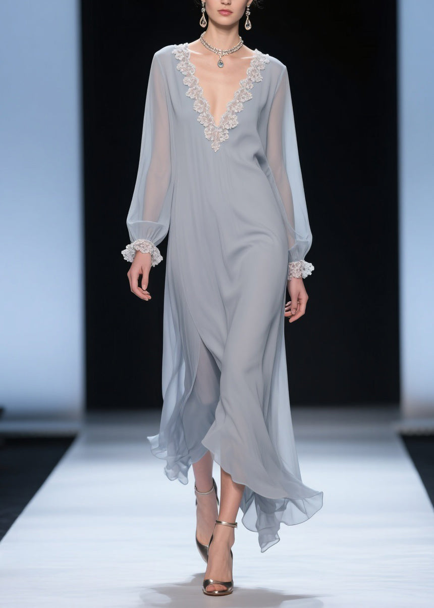 Grey Lace Solid Chiffon Long Dress V Neck Butterfly Sleeve