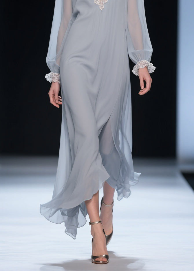 Grey Lace Solid Chiffon Long Dress V Neck Butterfly Sleeve