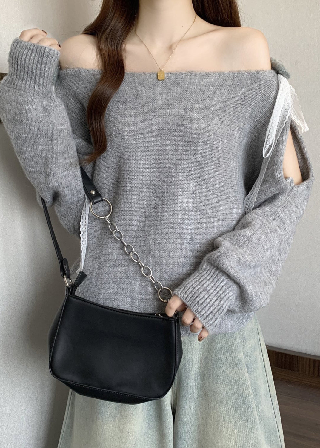 Grey Lace Up Cozy Patchwork Loose Knit Sweater Hollow Out