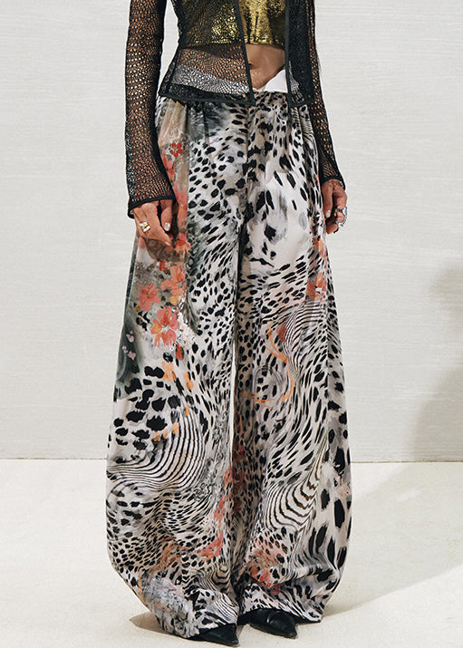 Grey Leopard Pockets Cotton Summer Pants High Waist
