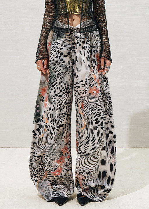 Grey Leopard Pockets Cotton Summer Pants High Waist