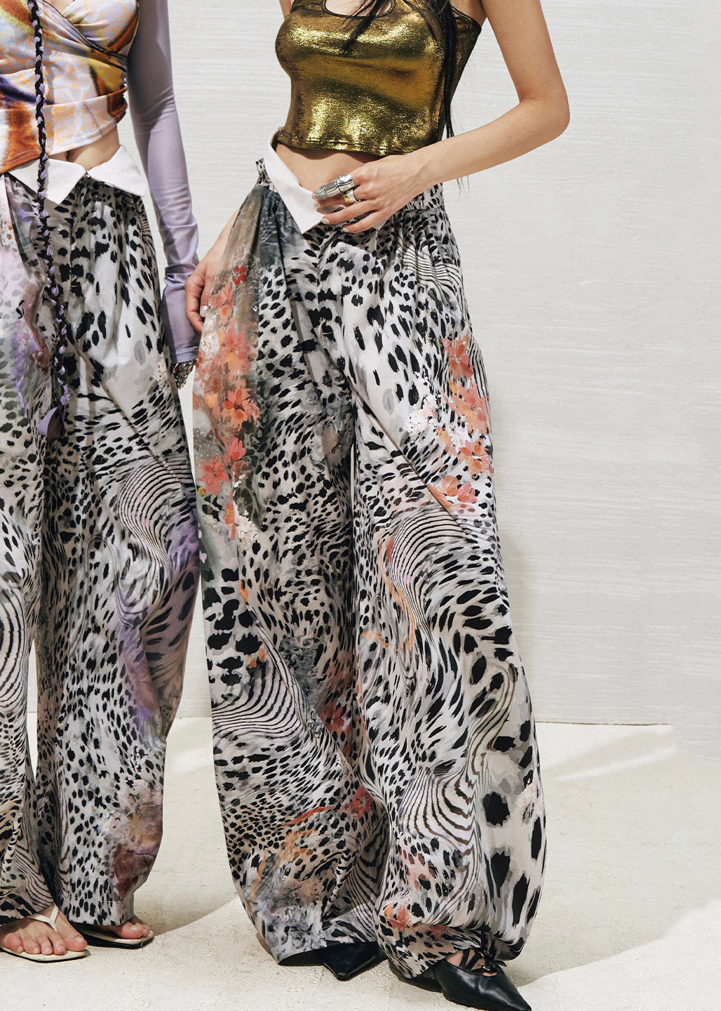 Grey Leopard Pockets Cotton Summer Pants High Waist