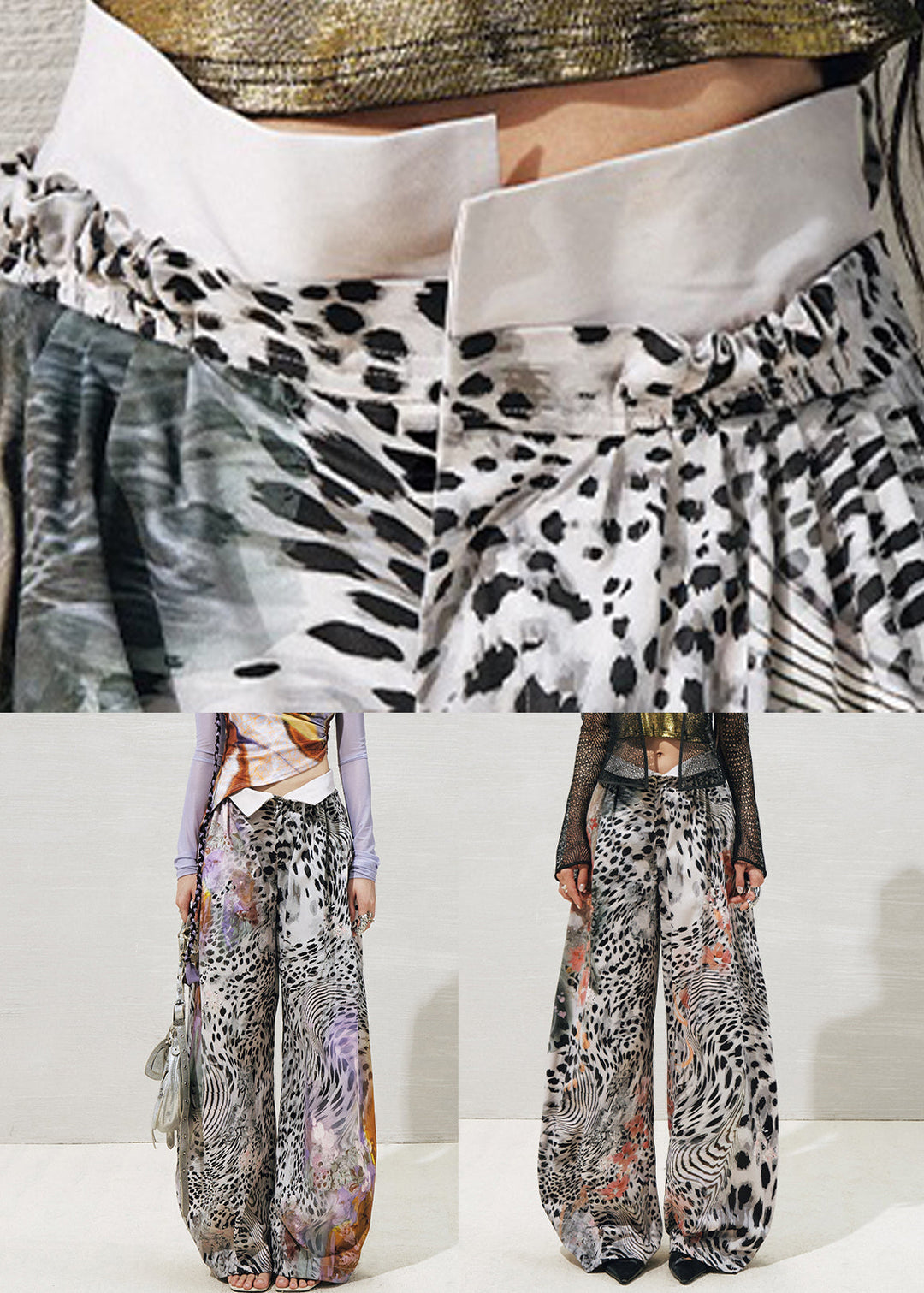 Grey Leopard Pockets Cotton Summer Pants High Waist