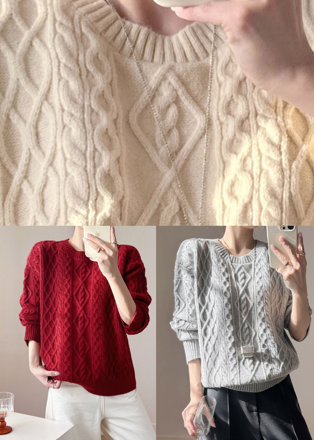 Grey Patchwork Cable Cotton Knit Knit Shirts Fall