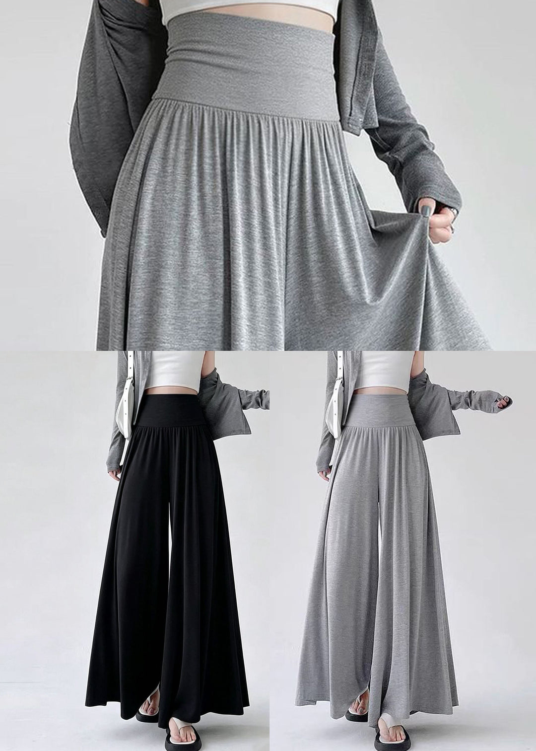 Grey Patchwork Casual Cotton Wide Leg Pants High Waist Summer
