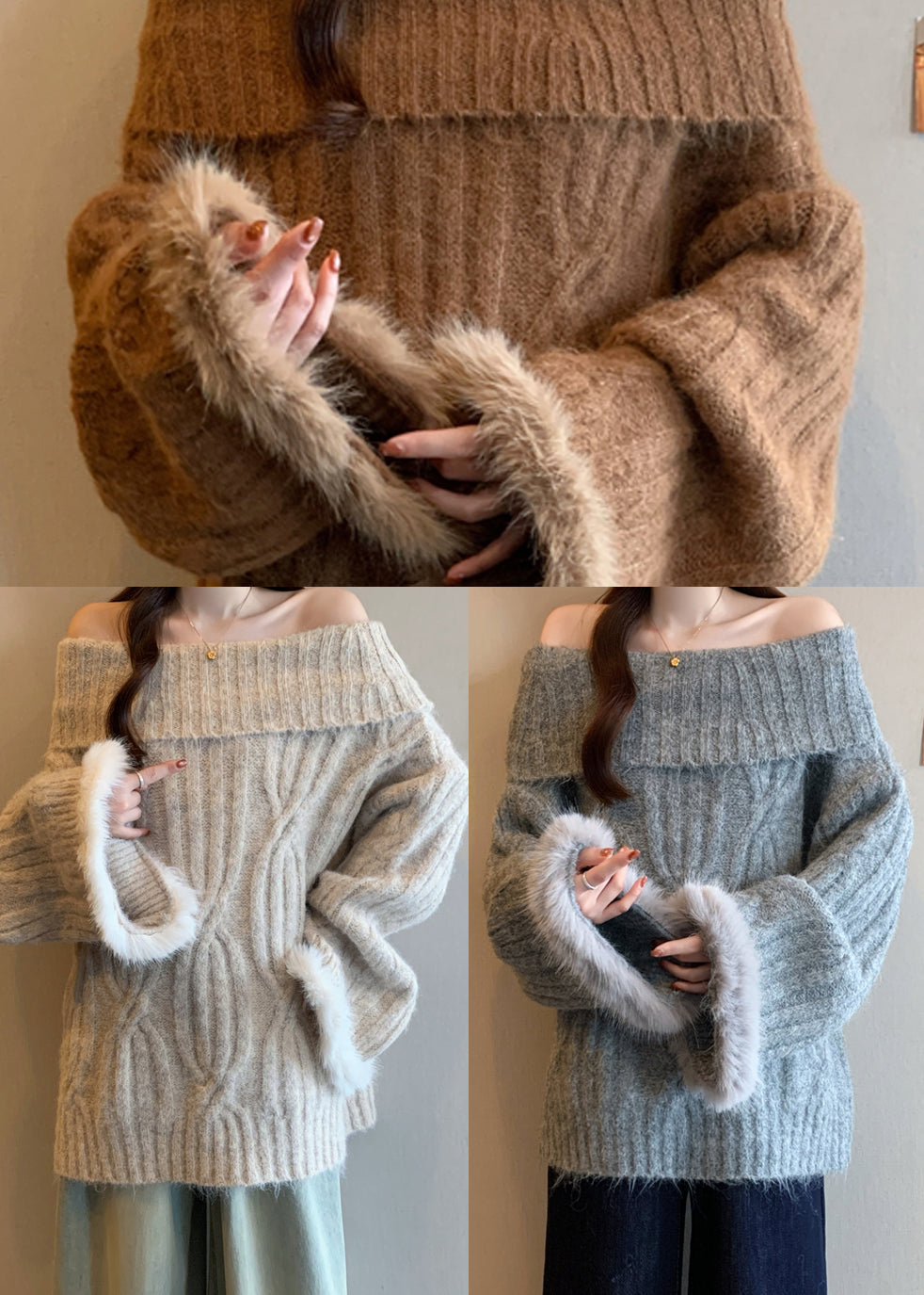 Grey Patchwork Faux Fur Sweater Tops Cold Shoulder Winter