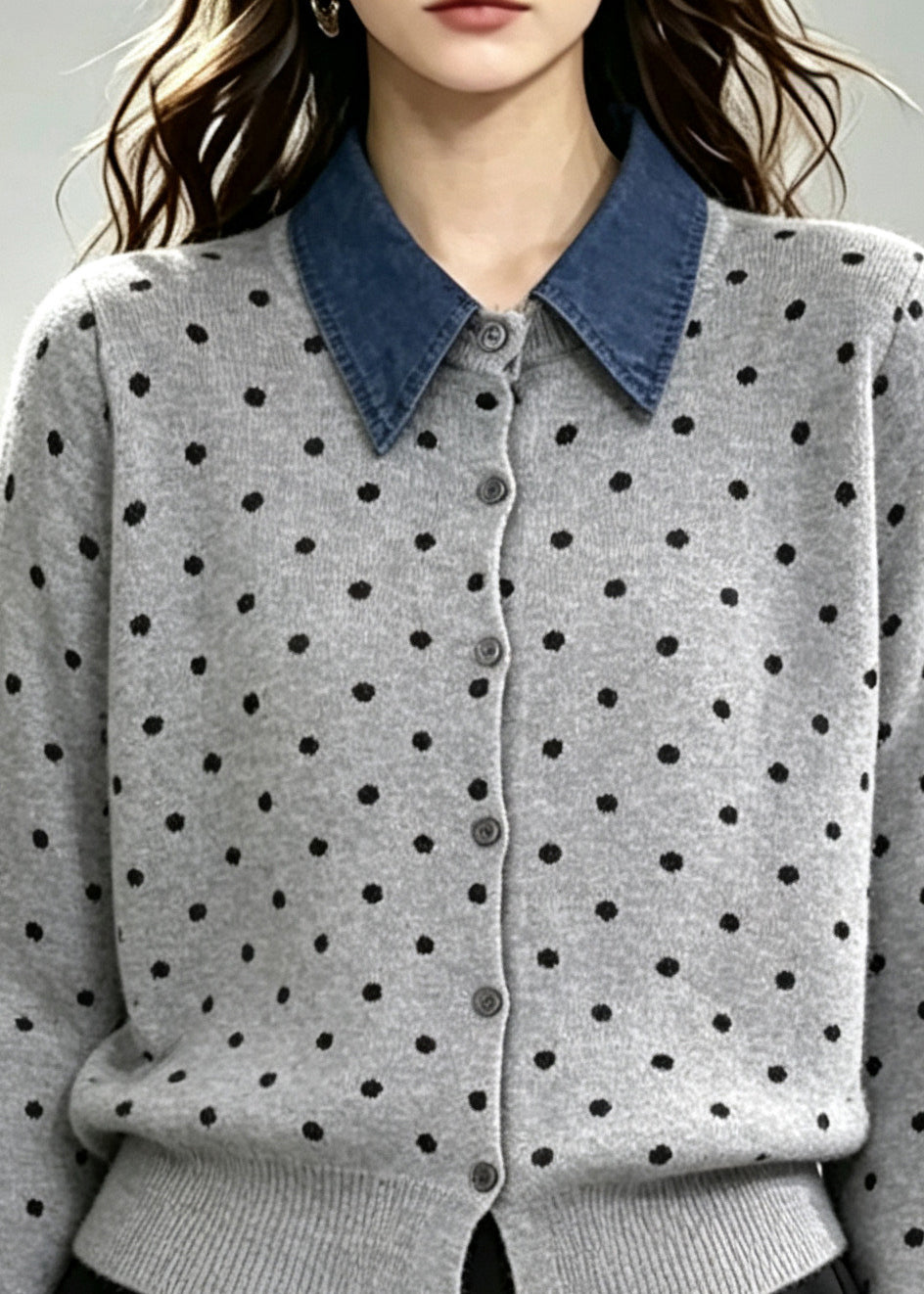 Grey Patchwork Knitted Fake Two Piece Tops Peter Pan Collar Winter