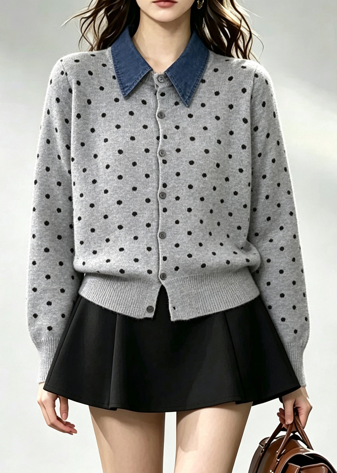 Grey Patchwork Knitted Fake Two Piece Tops Peter Pan Collar Winter