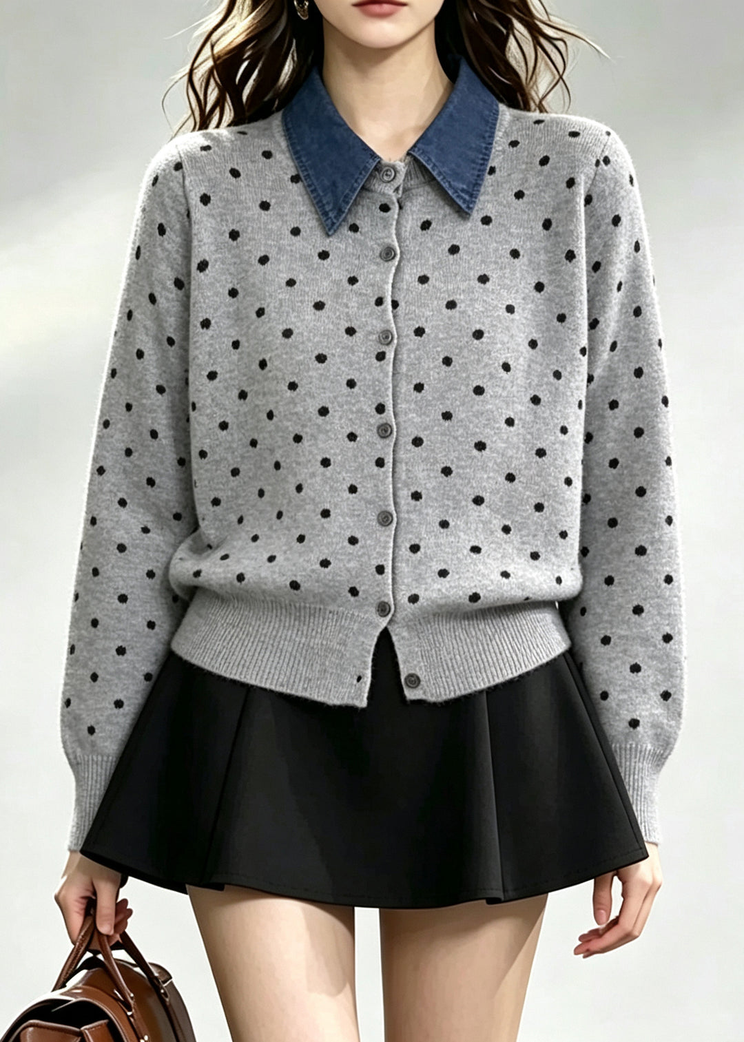 Grey Patchwork Knitted Fake Two Piece Tops Peter Pan Collar Winter