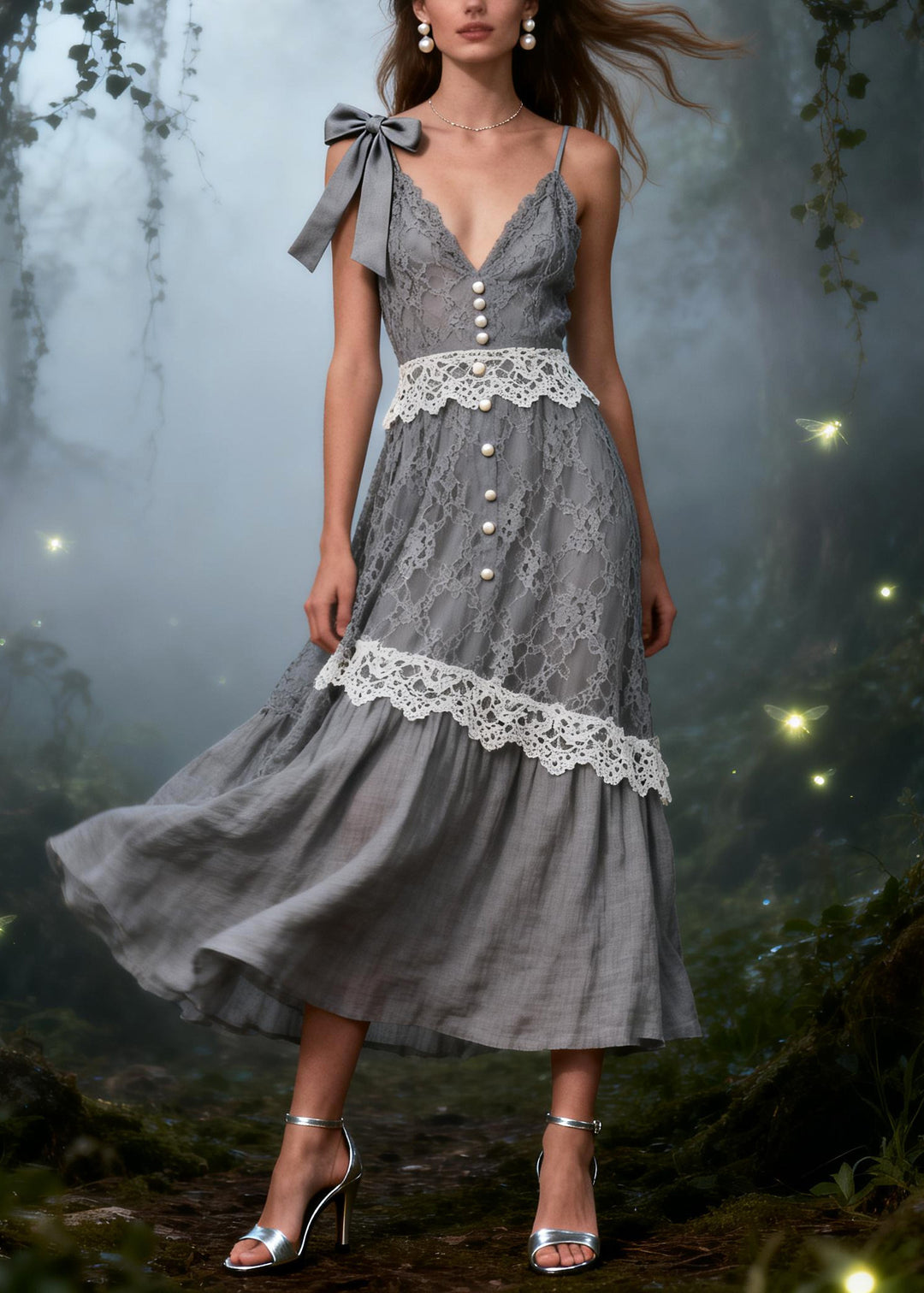 Grey Patchwork Lace Spaghetti Strap Dress Fine Pearl Bow Summer