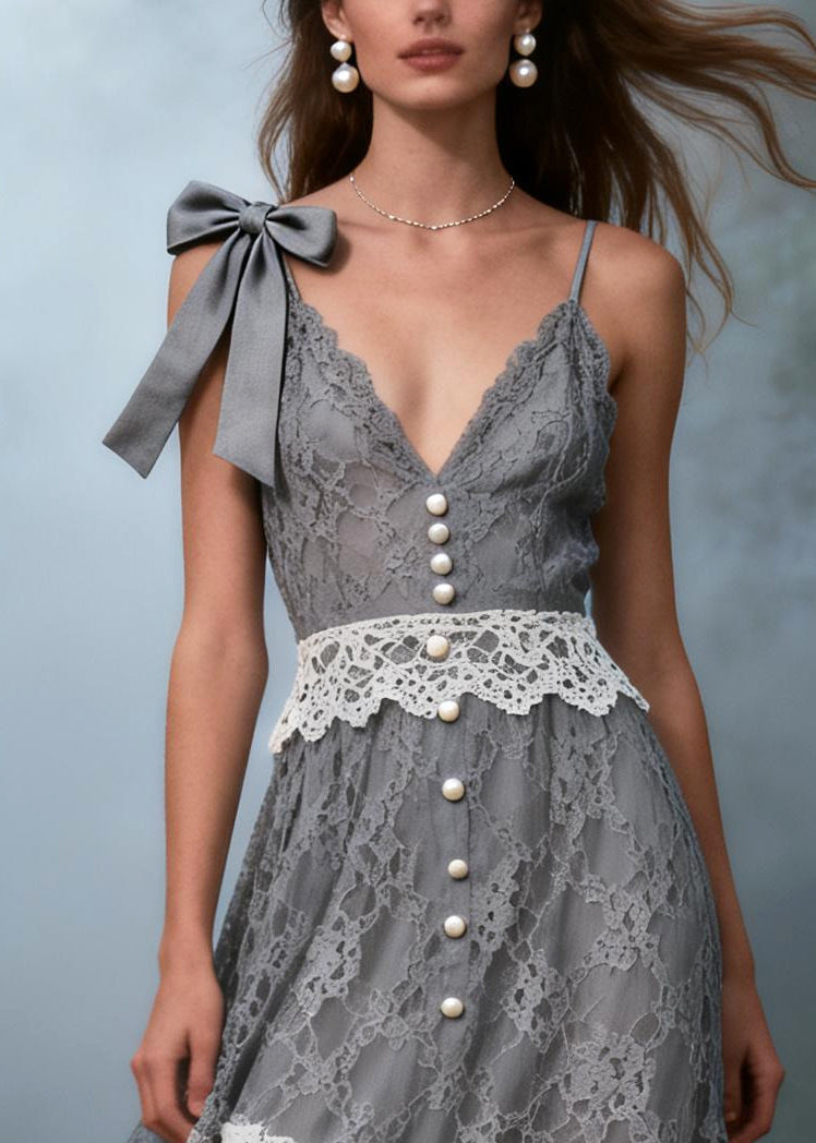 Grey Patchwork Lace Spaghetti Strap Dress Fine Pearl Bow Summer