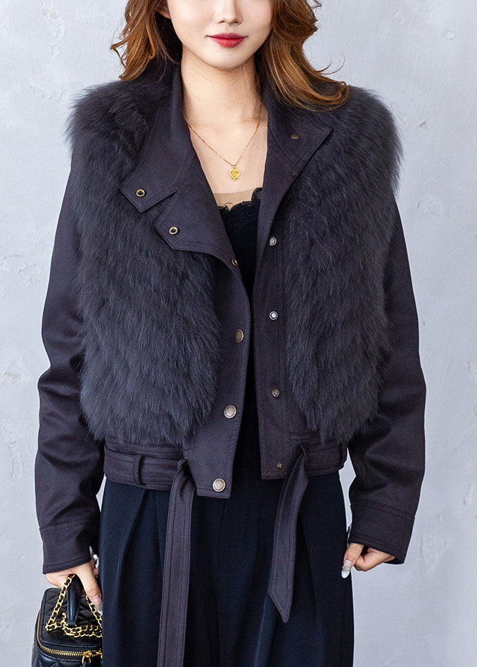 Grey Patchwork Solid Leather And Fur Waistcoat Sleeveless