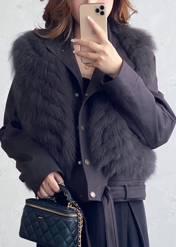 Grey Patchwork Solid Leather And Fur Waistcoat Sleeveless