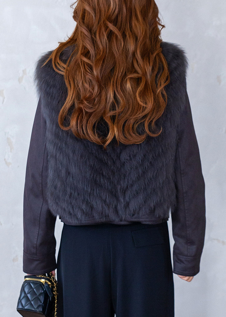 Grey Patchwork Solid Leather And Fur Waistcoat Sleeveless