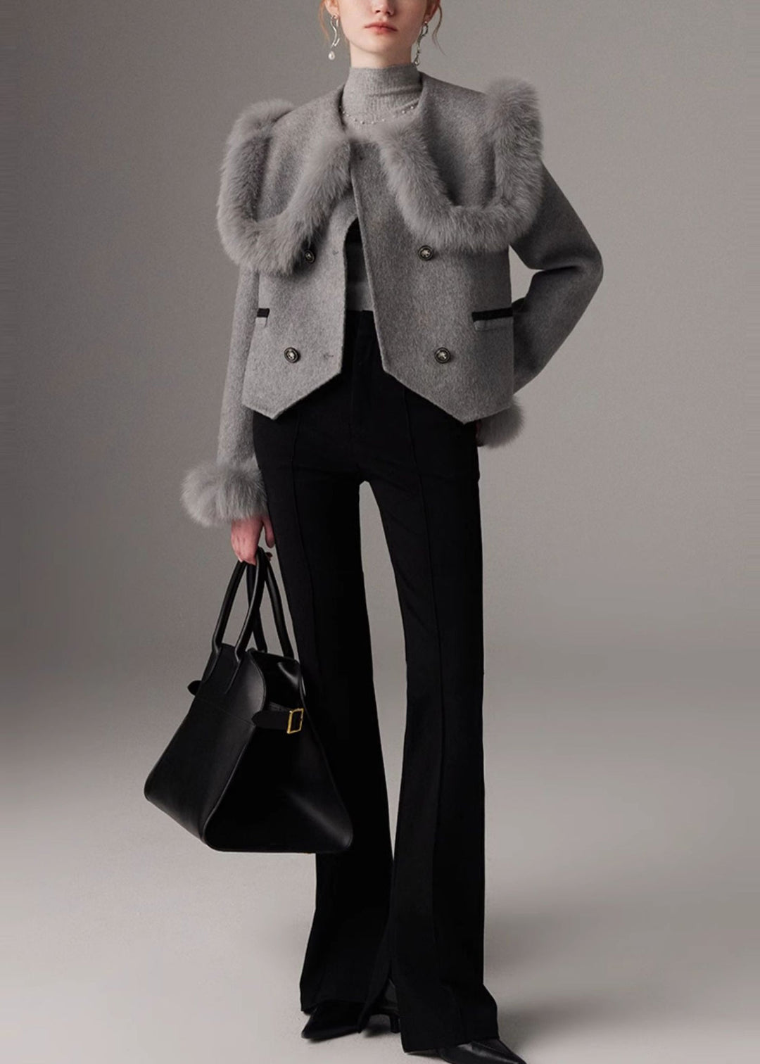 Grey Patchwork Wool Coat Peter Pan Collar Double Breast Winter