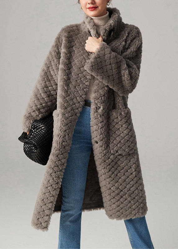 Grey Plaid Button Cozy Faux Fur Long Coats Winter