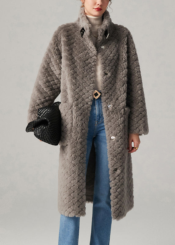 Grey Plaid Button Cozy Faux Fur Long Coats Winter