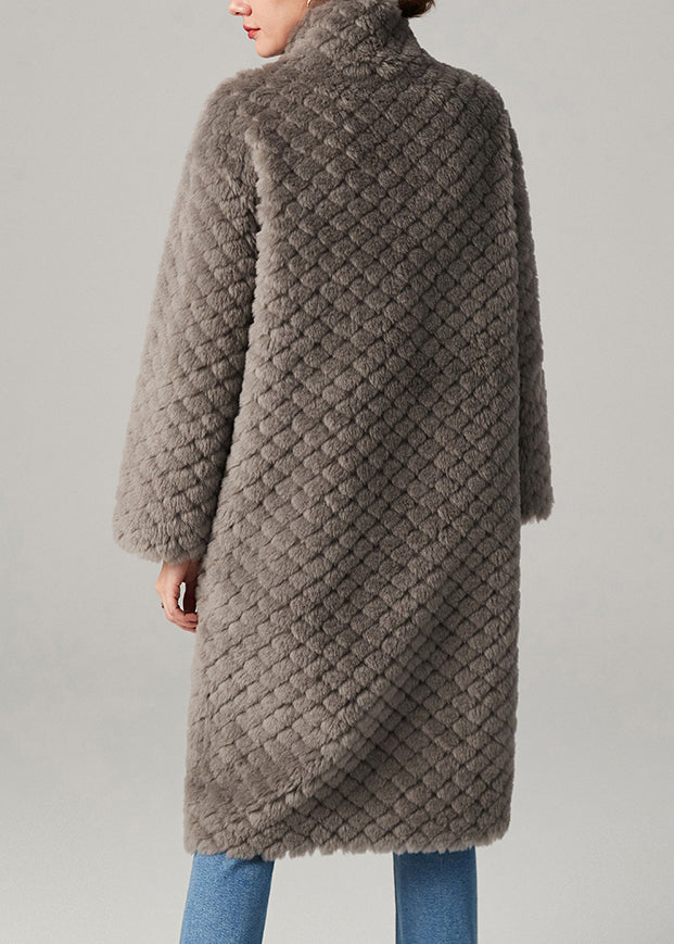 Grey Plaid Button Cozy Faux Fur Long Coats Winter