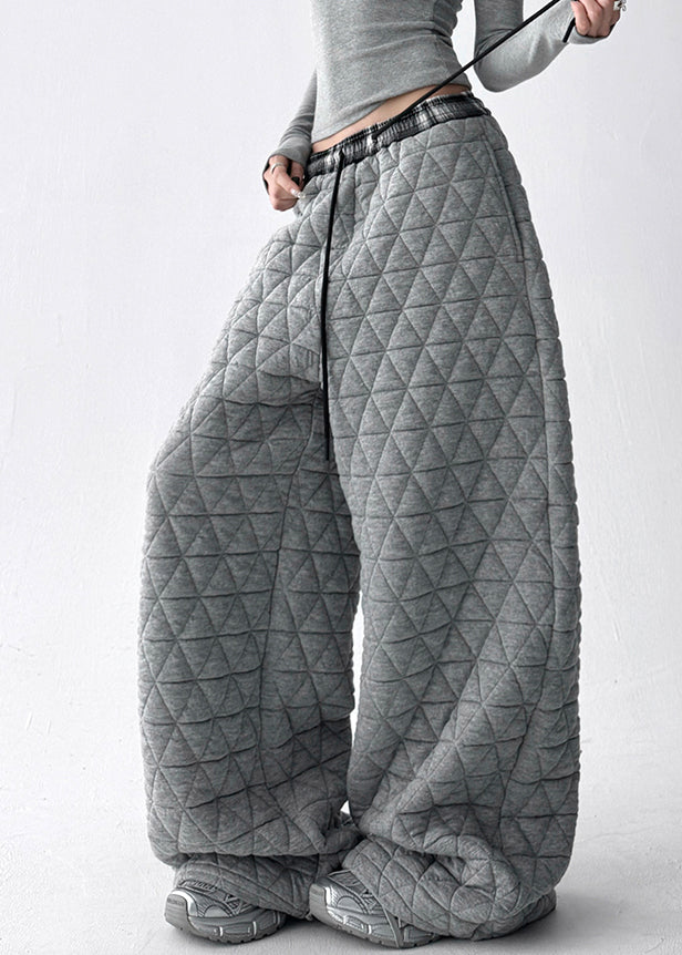 Grey Pockets Cotton Filled Wide Leg Pants Elastic Waist