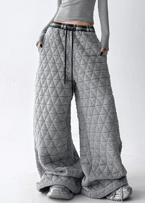 Grey Pockets Cotton Filled Wide Leg Pants Elastic Waist