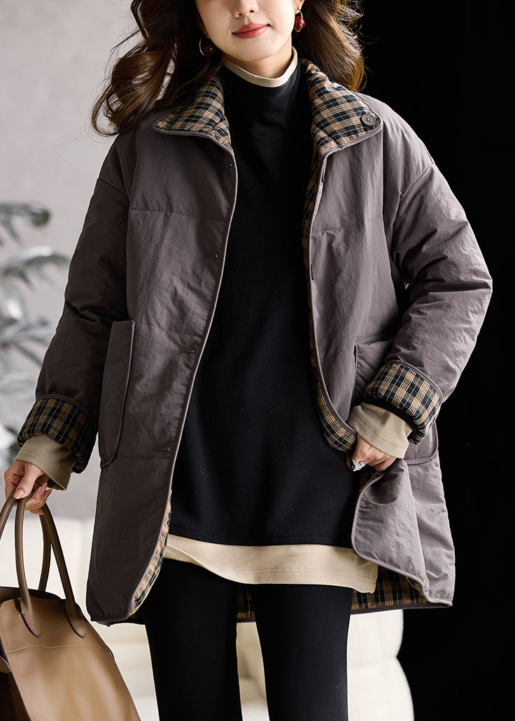 Grey Pockets Fine Cotton Filled Puffers Coat Stand Collar Winter