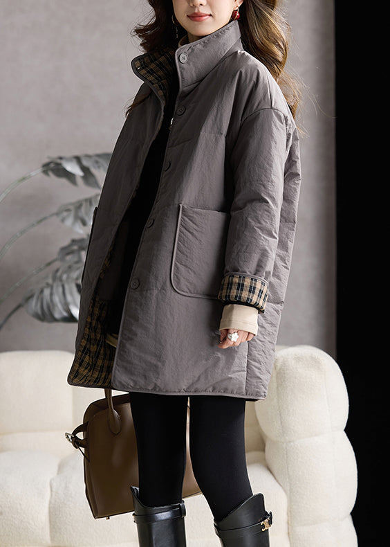 Grey Pockets Fine Cotton Filled Puffers Coat Stand Collar Winter