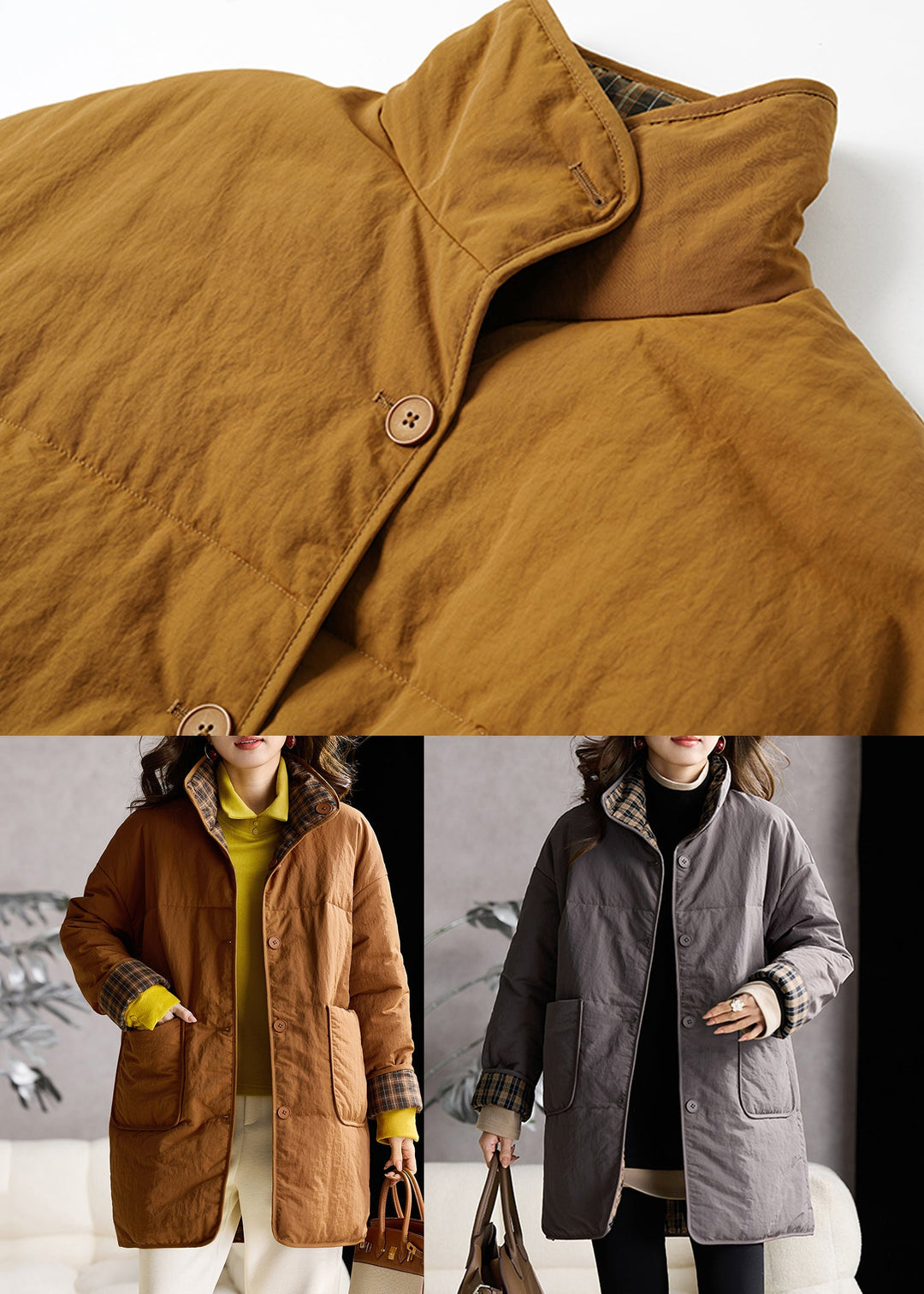 Grey Pockets Fine Cotton Filled Puffers Coat Stand Collar Winter