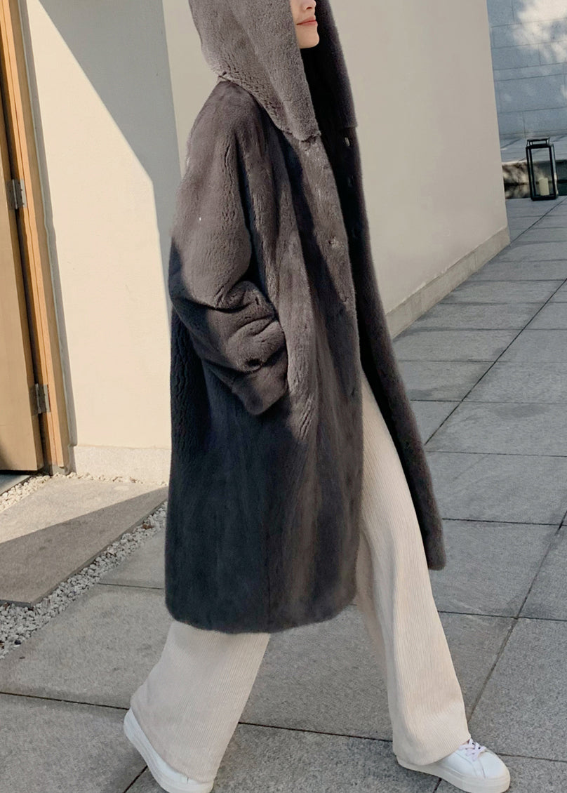 Grey Pockets Loose Mink Hair Coats Hooded Winter