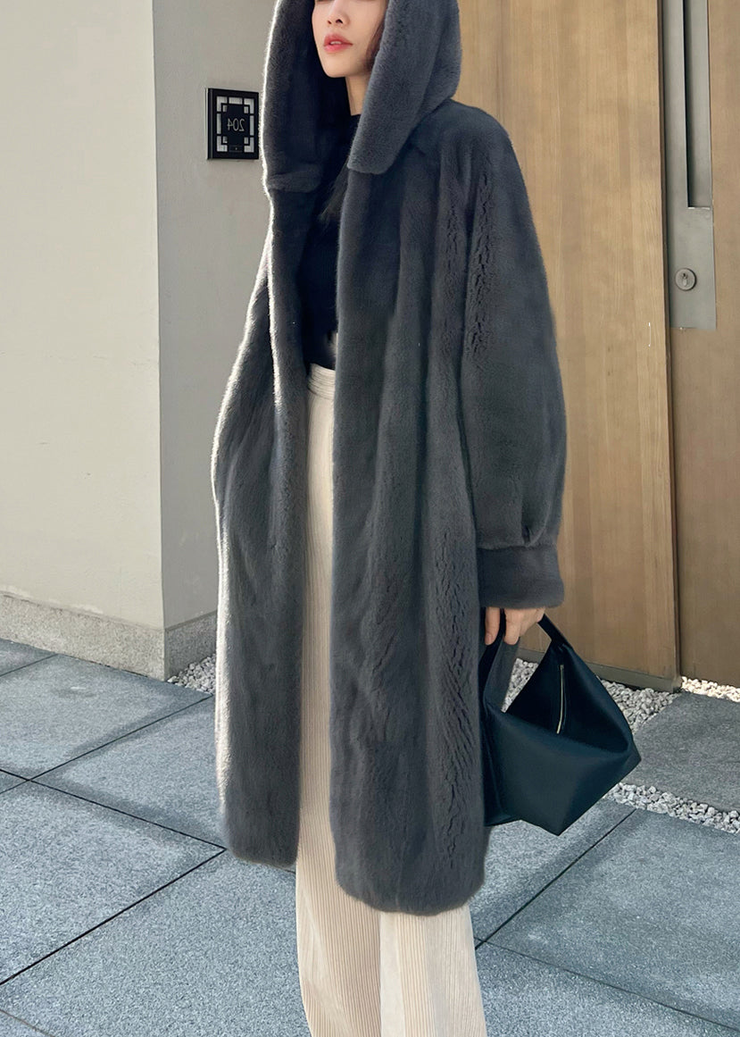 Grey Pockets Loose Mink Hair Coats Hooded Winter