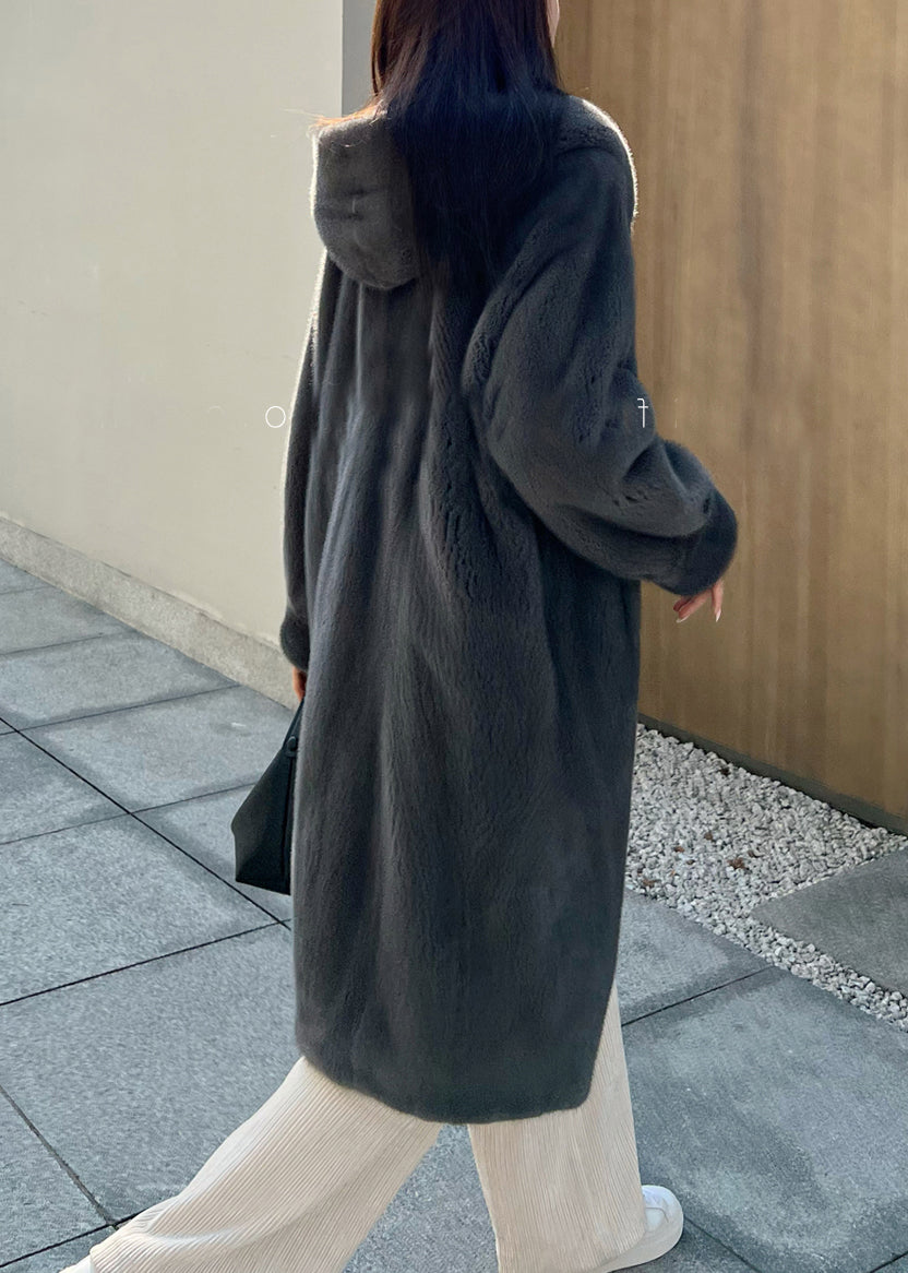 Grey Pockets Loose Mink Hair Coats Hooded Winter