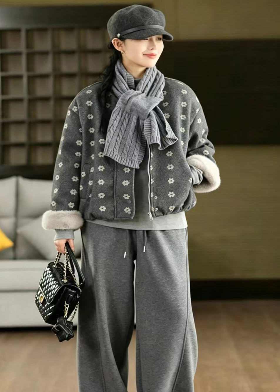 Grey Print Short Jacket With Scarf Woolen Furry Lining Winter
