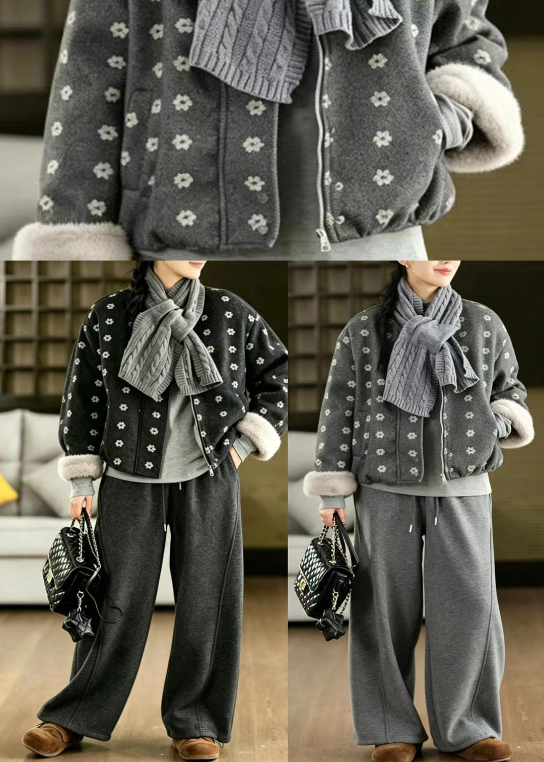 Grey Print Short Jacket With Scarf Woolen Furry Lining Winter