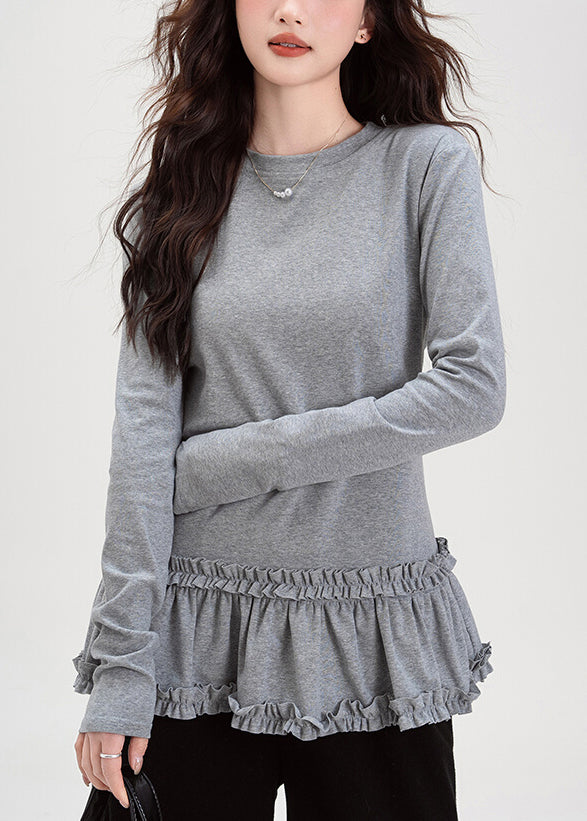 Grey Ruffled Solid Cotton T Shirt Tops O Neck