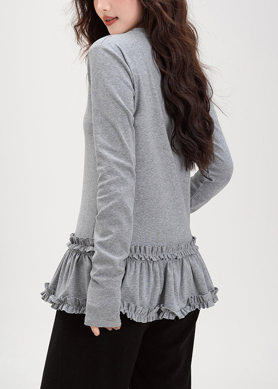 Grey Ruffled Solid Cotton T Shirt Tops O Neck