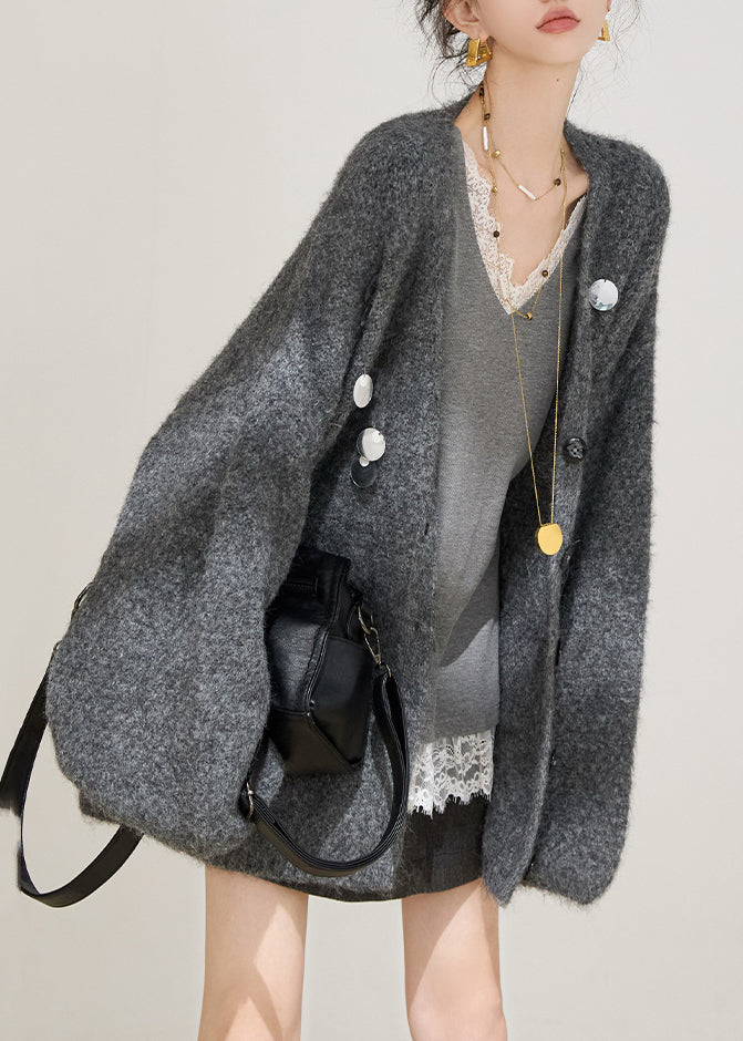 Grey Sequins Solid Cotton Knit Cardigans Fall