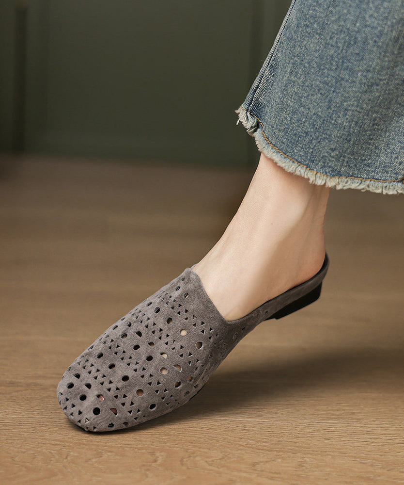 Grey Sheepskin Casual Hollow Out Thong Sandals