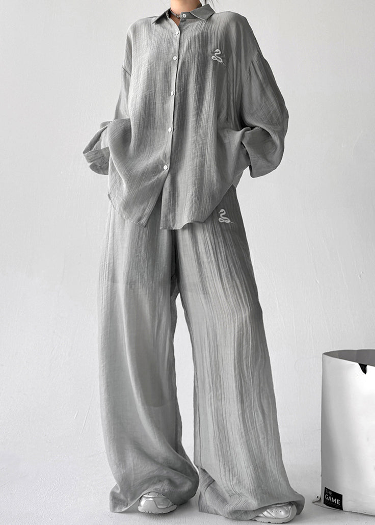 Grey Shirts And Pants Cotton Fall Two Pieces Set Elastic Waist