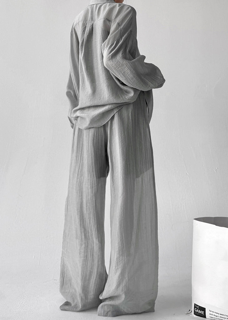 Grey Shirts And Pants Cotton Fall Two Pieces Set Elastic Waist